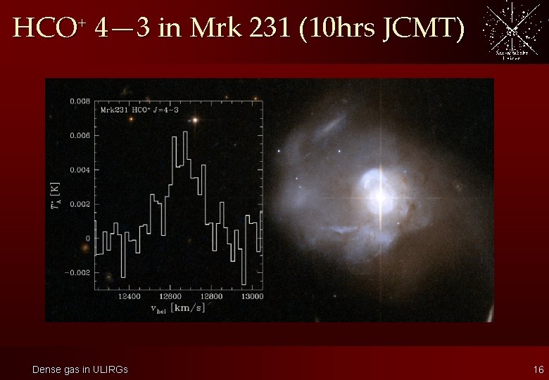 HCO+ 4— 3 in Mrk 231 (10 hrs JCMT) Dense gas in ULIRGs 16