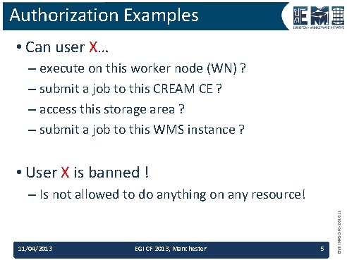 Authorization Examples • Can user X… – execute on this worker node (WN) ?