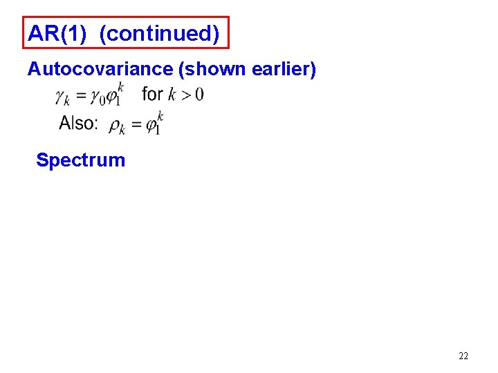 AR(1) (continued) Autocovariance (shown earlier) Spectrum 22 AR(1) (continued) Autocovariance (shown earlier) Spectrum 22