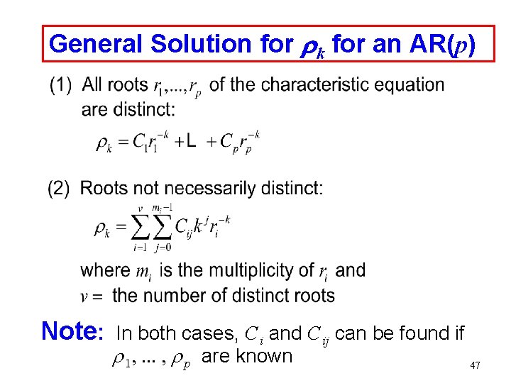 General Solution for r k for an AR(p) Note: In both cases, C i General Solution for r k for an AR(p) Note: In both cases, C i