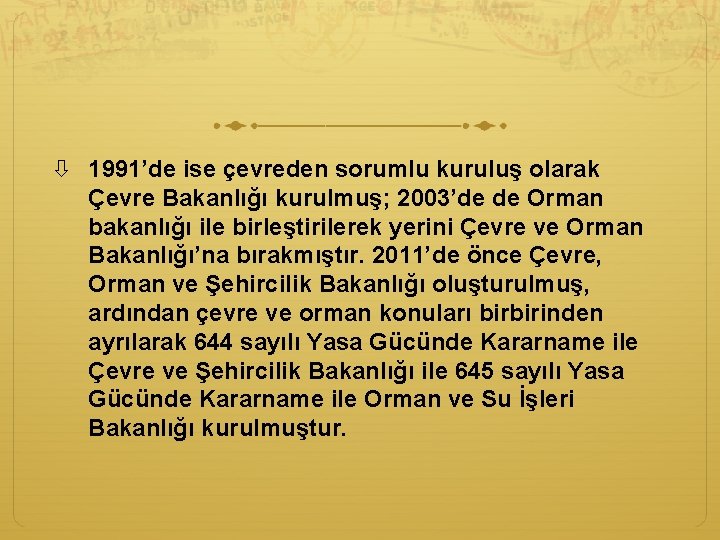 1991’de ise çevreden sorumlu kuruluş olarak Çevre Bakanlığı kurulmuş; 2003’de de Orman bakanlığı 1991’de ise çevreden sorumlu kuruluş olarak Çevre Bakanlığı kurulmuş; 2003’de de Orman bakanlığı