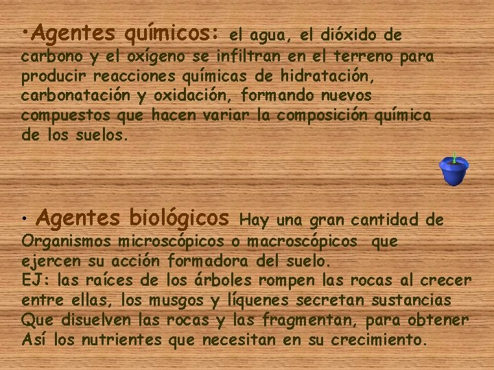  • Agentes químicos: el agua, el dióxido de carbono y el oxígeno se
