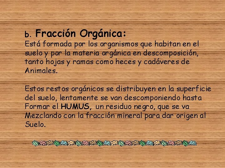 b. Fracción Orgánica: Está formada por los organismos que habitan en el suelo y