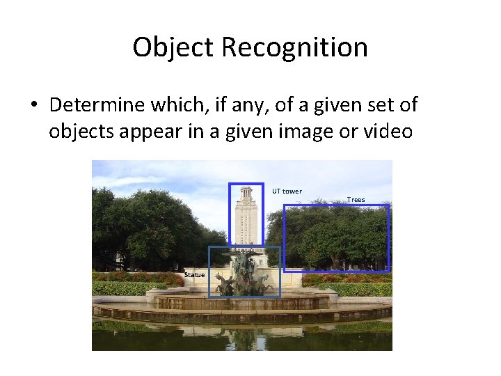 Object Recognition • Determine which, if any, of a given set of objects appear