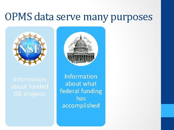 OPMS data serve many purposes Information about funded ISE projects Information about what federal