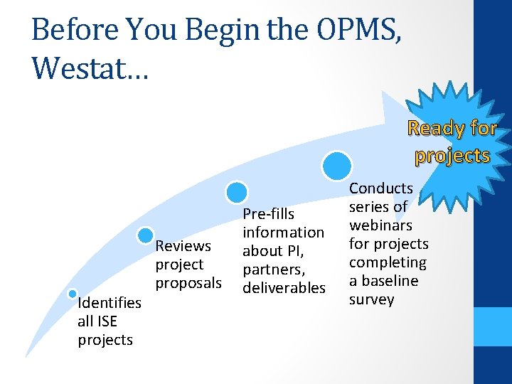 Before You Begin the OPMS, Westat… Ready for projects Identifies all ISE projects Reviews