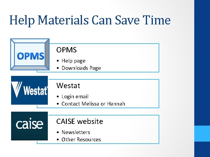 Help Materials Can Save Time OPMS • Help page • Downloads Page Westat •