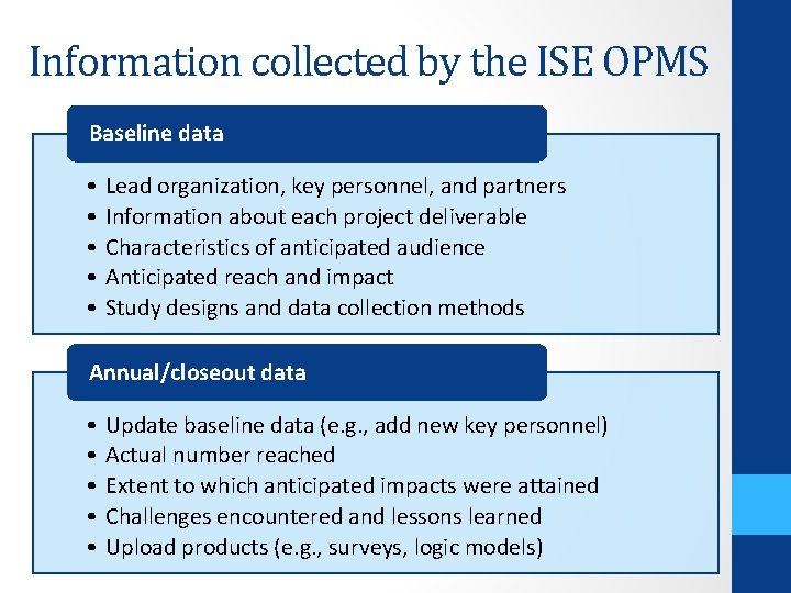 Information collected by the ISE OPMS Baseline data • • • Lead organization, key