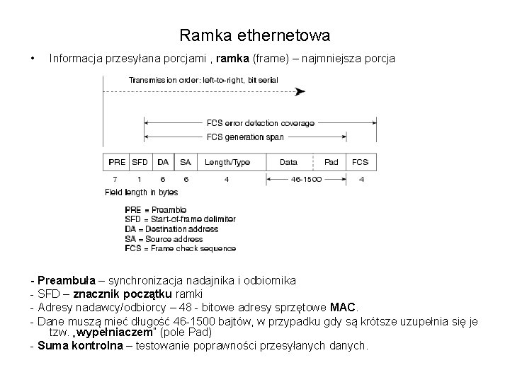 Ramka ethernetowa • Informacja przesyłana porcjami , ramka (frame) – najmniejsza porcja - Preambuła