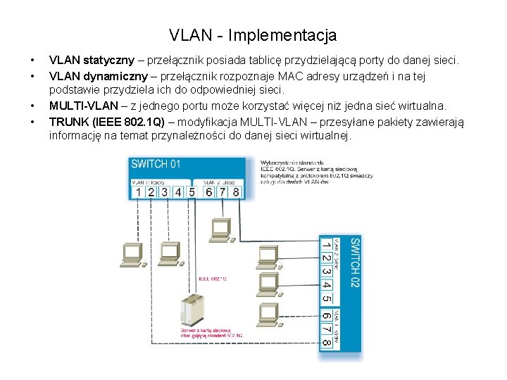 VLAN - Implementacja • • VLAN statyczny – przełącznik posiada tablicę przydzielającą porty do