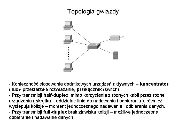 Topologia gwiazdy - Konieczność stosowania dodatkowych urządzeń aktywnych – koncentrator (hub)- przestarzałe rozwiązanie, przełącznik