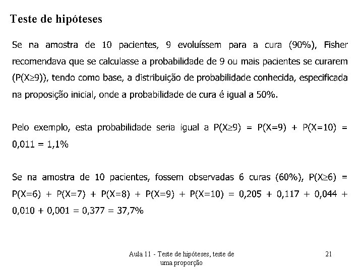 Teste de hipóteses Aula 11 - Teste de hipóteses, teste de uma proporção 21