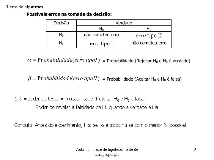 Teste de hipóteses 1 -ß = poder do teste = Probabilidade (Rejeitar H 0