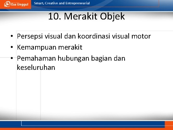 10. Merakit Objek • Persepsi visual dan koordinasi visual motor • Kemampuan merakit •