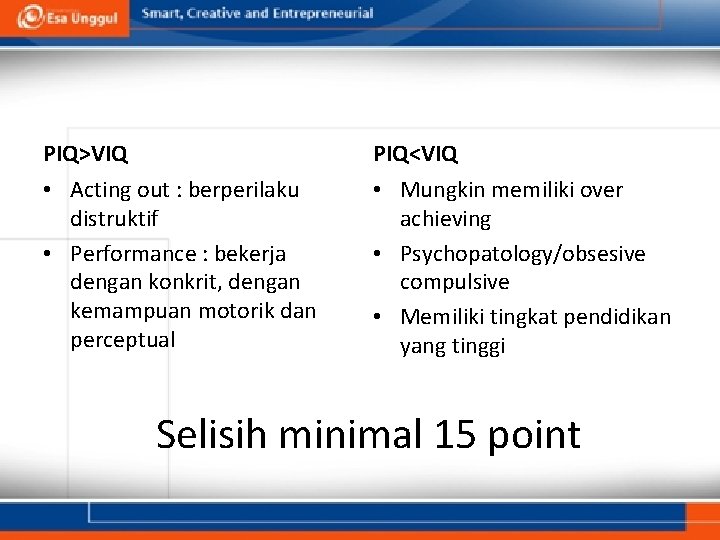 PIQ>VIQ PIQ<VIQ • Acting out : berperilaku distruktif • Performance : bekerja dengan konkrit,