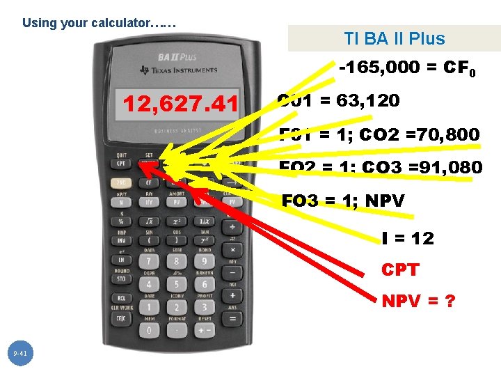 Using your calculator…… TI BA II Plus -165, 000 = CF 0 12, 627.