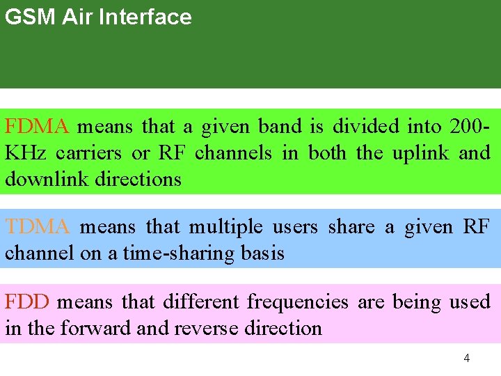 GSM Air Interface FDMA means that a given band is divided into 200 KHz