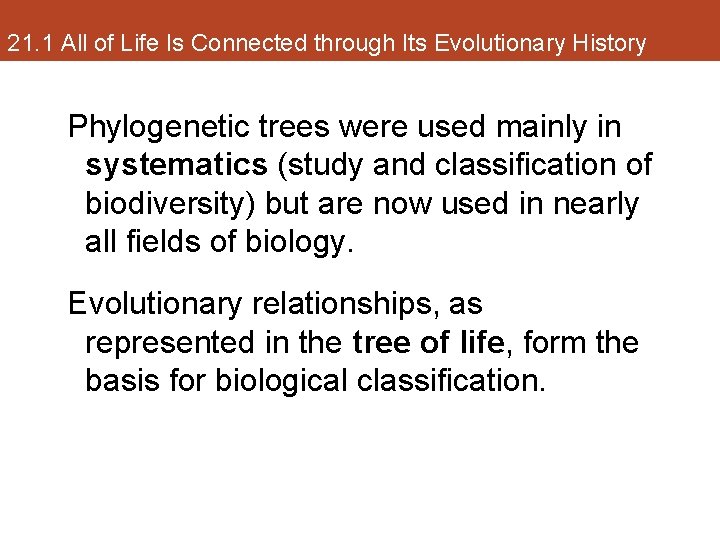 21. 1 All of Life Is Connected through Its Evolutionary History Phylogenetic trees were