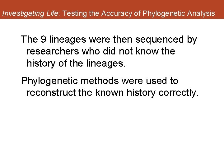 Investigating Life: Testing the Accuracy of Phylogenetic Analysis The 9 lineages were then sequenced