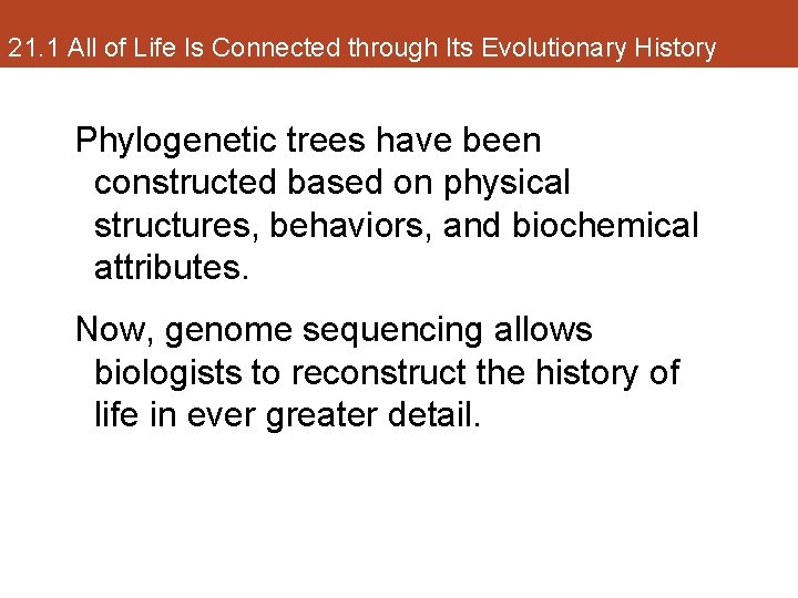 21. 1 All of Life Is Connected through Its Evolutionary History Phylogenetic trees have