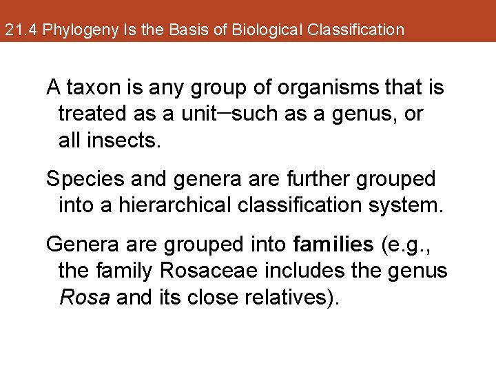 21. 4 Phylogeny Is the Basis of Biological Classification A taxon is any group