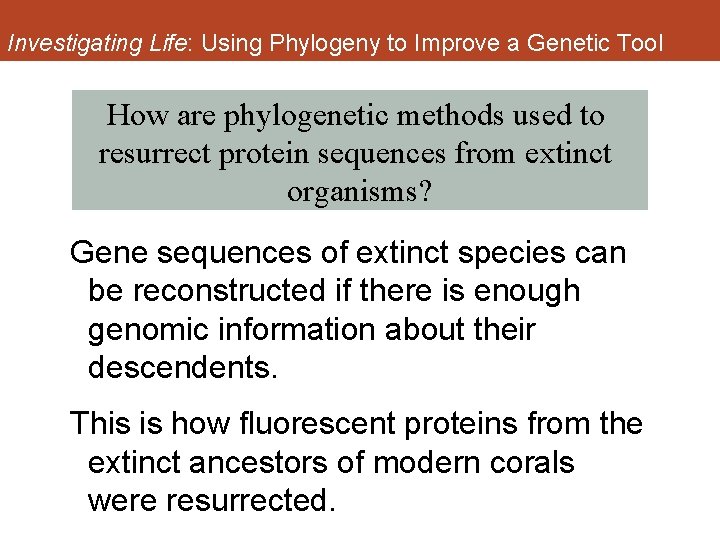 Investigating Life: Using Phylogeny to Improve a Genetic Tool How are phylogenetic methods used