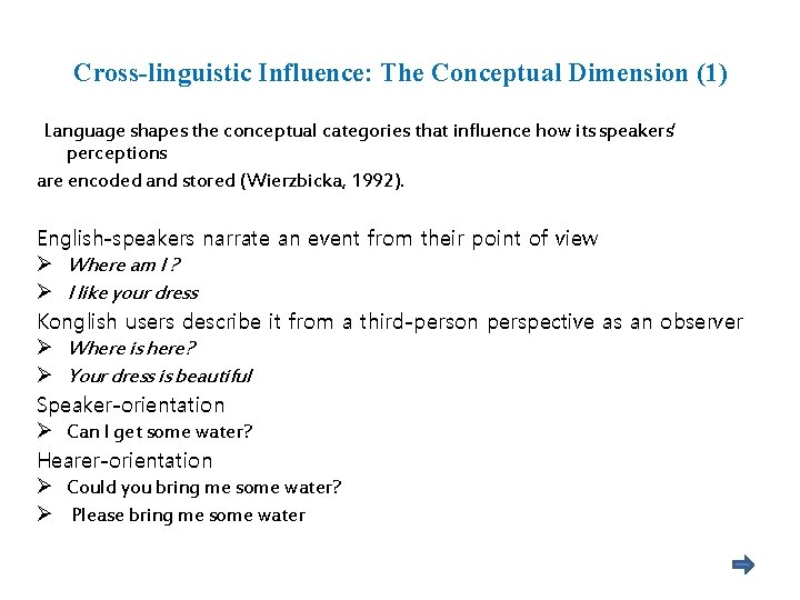 Cross-linguistic Influence: The Conceptual Dimension (1) Language shapes the conceptual categories that influence how