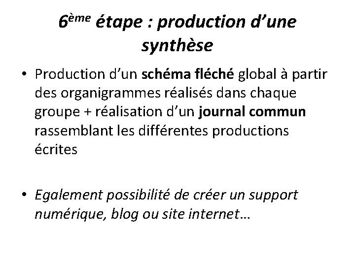 6ème étape : production d’une synthèse • Production d’un schéma fléché global à partir