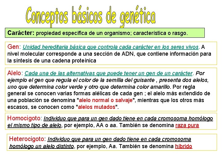 Carácter: propiedad específica de un organismo; característica o rasgo. Gen: Unidad hereditaria básica que