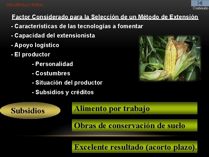 DESARROLLO RURAL Contenido Factor Considerado para la Selección de un Método de Extensión -