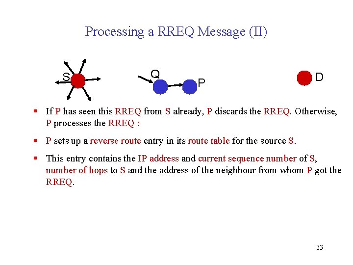 Processing a RREQ Message (II) S Q P D § If P has seen
