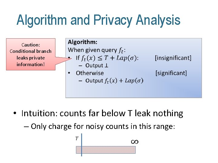 Algorithm and Privacy Analysis Caution: Conditional branch leaks private information! • • Intuition: counts