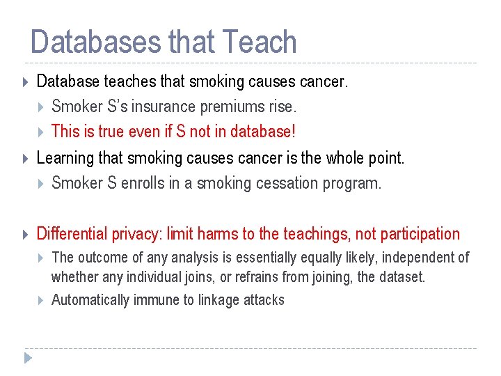 Databases that Teach Database teaches that smoking causes cancer. Smoker S’s insurance premiums rise.