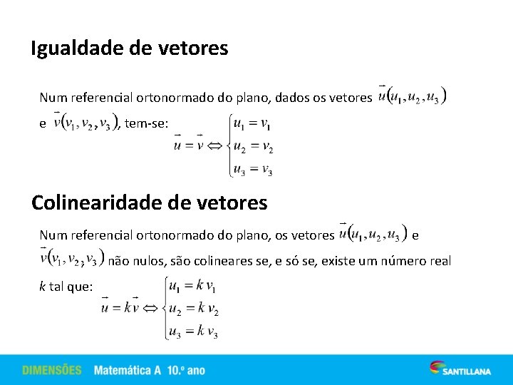 Igualdade de vetores Num referencial ortonormado do plano, dados os vetores e , ,