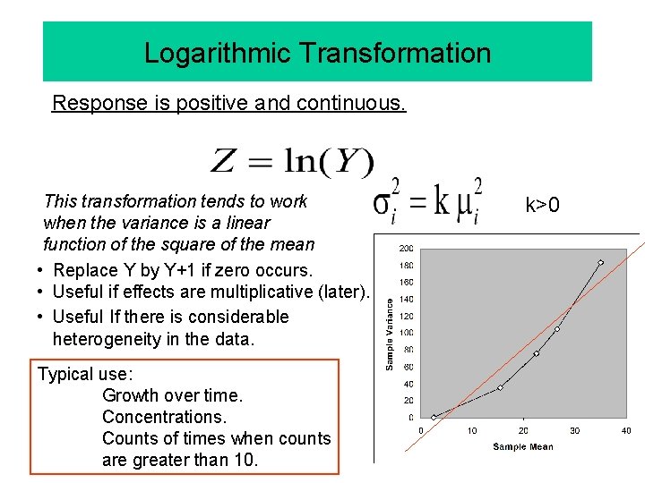 Logarithmic Transformation Response is positive and continuous. This transformation tends to work when the