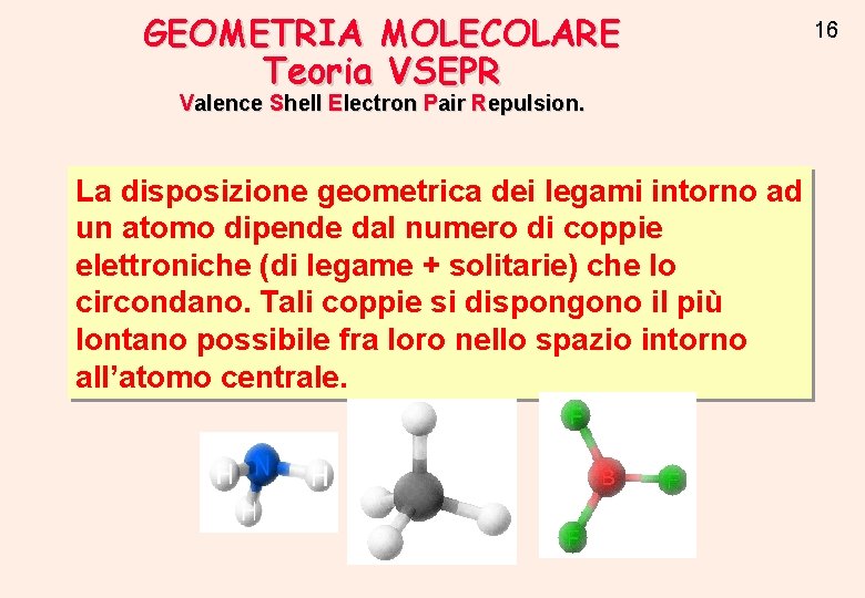 GEOMETRIA MOLECOLARE Teoria VSEPR Valence Shell Electron Pair Repulsion. La disposizione geometrica dei legami GEOMETRIA MOLECOLARE Teoria VSEPR Valence Shell Electron Pair Repulsion. La disposizione geometrica dei legami