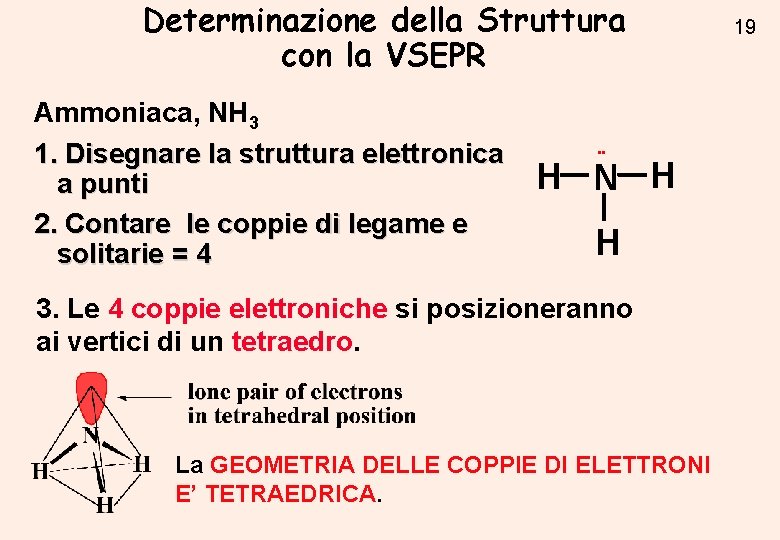 Determinazione della Struttura con la VSEPR Ammoniaca, NH 3 1. Disegnare la struttura elettronica Determinazione della Struttura con la VSEPR Ammoniaca, NH 3 1. Disegnare la struttura elettronica