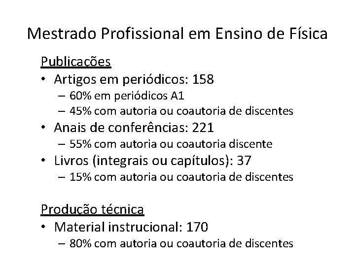 Mestrado Profissional em Ensino de Física Publicações • Artigos em periódicos: 158 – 60%