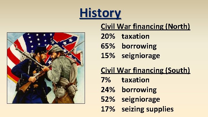 History Civil War financing (North) 20% taxation 65% borrowing 15% seigniorage Civil War financing