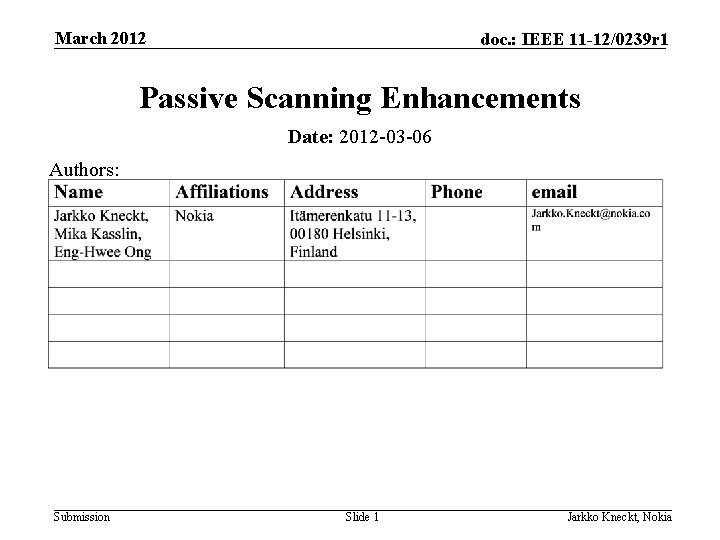 March 2012 doc. : IEEE 11 -12/0239 r 1 Passive Scanning Enhancements Date: 2012