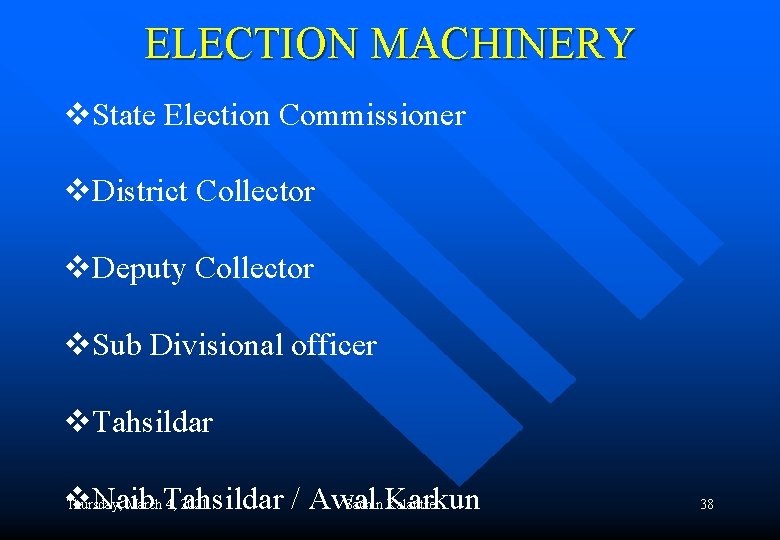 ELECTION MACHINERY v. State Election Commissioner v. District Collector v. Deputy Collector v. Sub