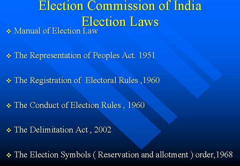 Election Commission of India Election Laws v Manual of Election Law v The Representation