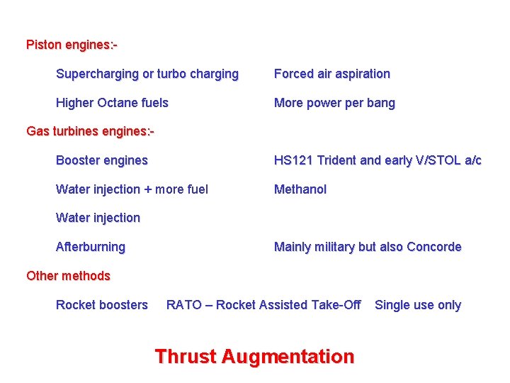 Piston engines: Supercharging or turbo charging Forced air aspiration Higher Octane fuels More power