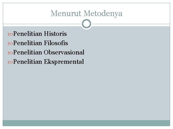 Menurut Metodenya Penelitian Historis Penelitian Filosofis Penelitian Observasional Penelitian Ekspremental 