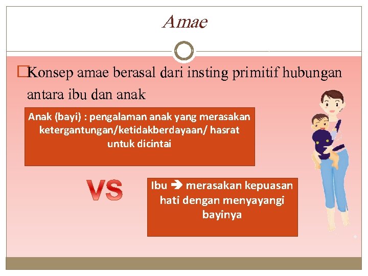 Amae �Konsep amae berasal dari insting primitif hubungan antara ibu dan anak Anak (bayi)