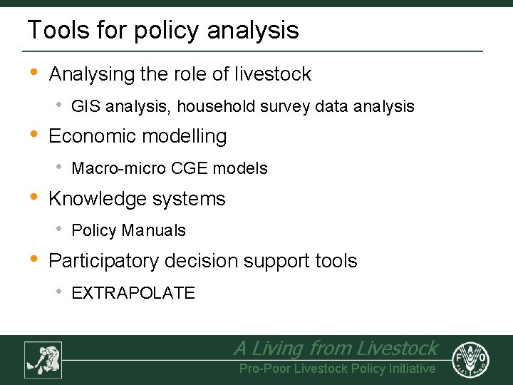 Tools for policy analysis • Analysing the role of livestock • • Economic modelling