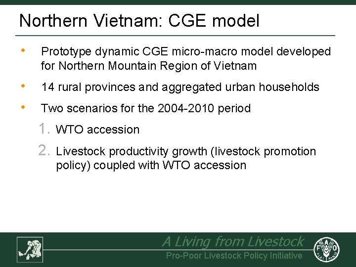 Northern Vietnam: CGE model • Prototype dynamic CGE micro-macro model developed for Northern Mountain