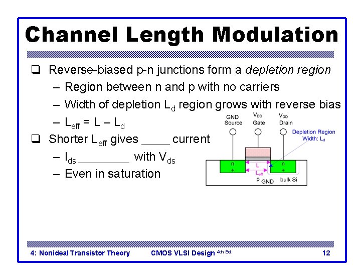 Channel Length Modulation q Reverse-biased p-n junctions form a depletion region – Region between