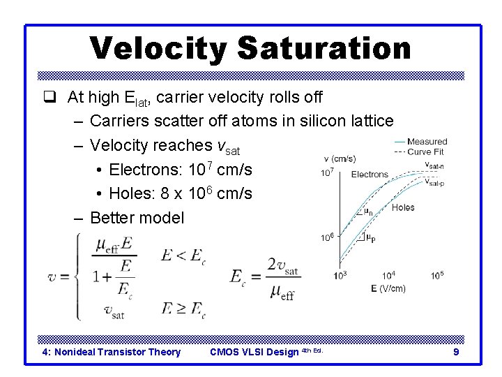 Velocity Saturation q At high Elat, carrier velocity rolls off – Carriers scatter off