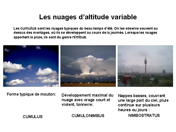 Les nuages d’altitude variable Les cumulus sont les nuages typiques du beau temps d’été.